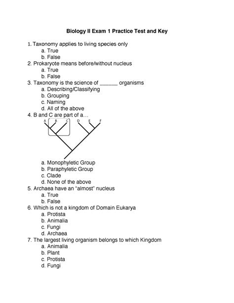 Exam 1 Practice Test - Biology II Exam 1 Practice Test and Key Taxonomy ...