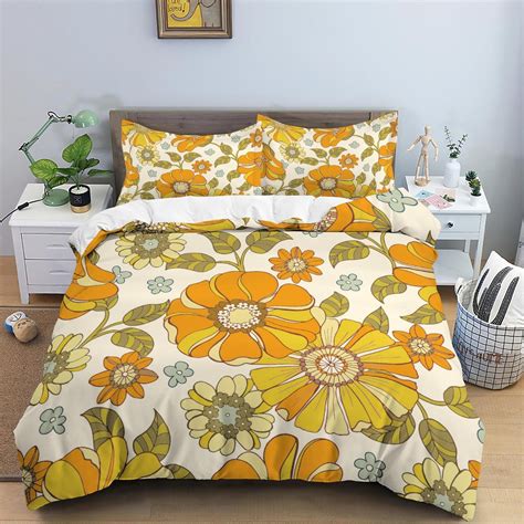 Mid Century Modern Bedding Orange Floral Duvet Cover Colorful Retro ...