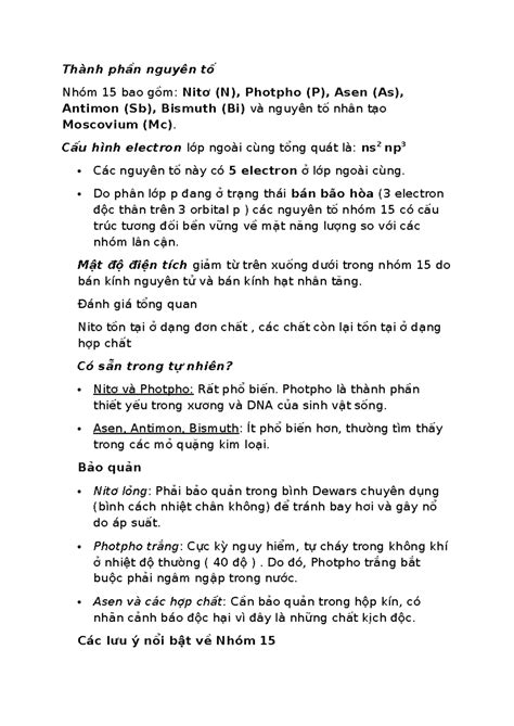 Thành phần Nguyên Tố Nhóm 15 - DSVV: Nitơ, Photpho, Asen, Antimon ...