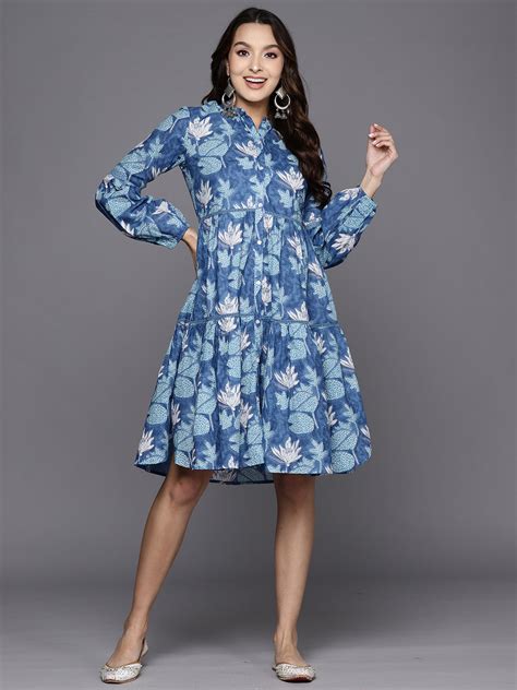 Indo Era Blue Printed A-Line Ethnic Dress – indoera