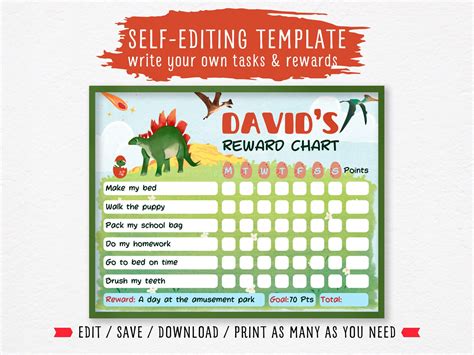 EDITABLE Dinosaur Reward Chart, Raptor Behavior Chart, Chore Chart for Kids, Stegosaurus ...