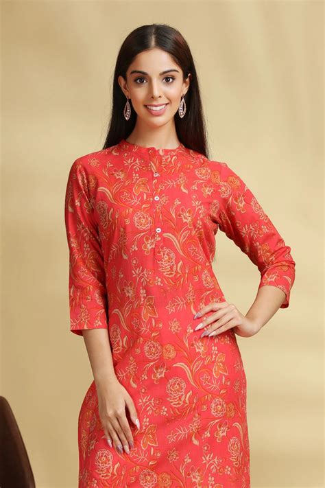 Coral Pink Floral Printed Cotton Straight Kurta – Cotton Culture