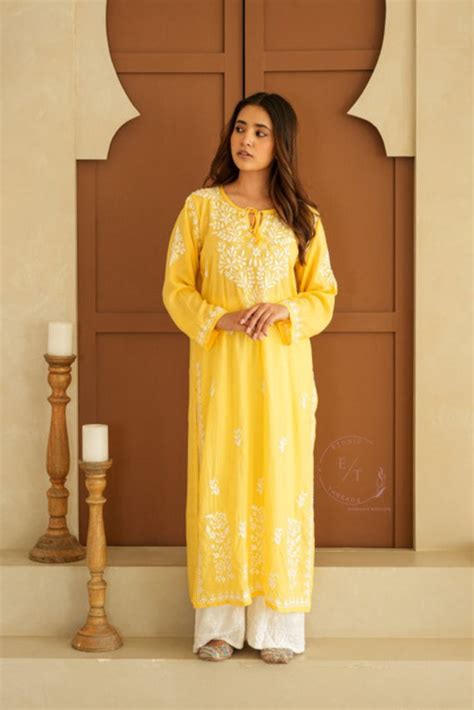 Gul dori chikankari modal kurti in Yellow – Ethnic Threads
