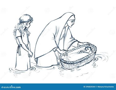 Moses` Mother Puts Him In A Basket On The River. Pencil Drawing Stock ...