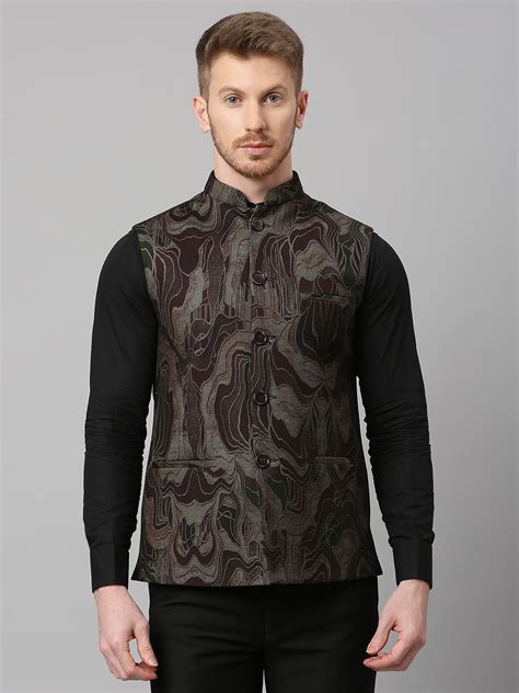 Knitted Maroon Gold Abstract Print Nehru Jacket – Essas Club