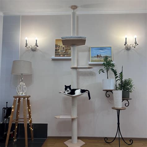 Natural Floor to Ceiling Cat Tree With Cozy Cat Hammock & Cat Bed, Tall ...