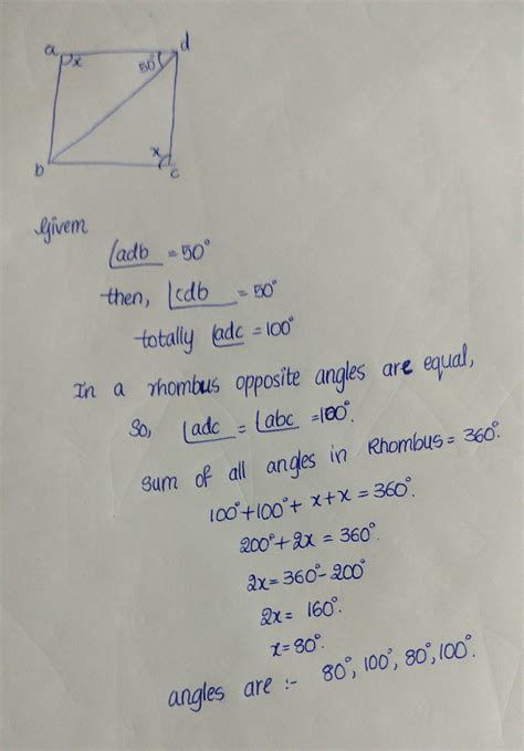abcd is a rhombus . if angle adb=50° , find the angles of rhombus ...