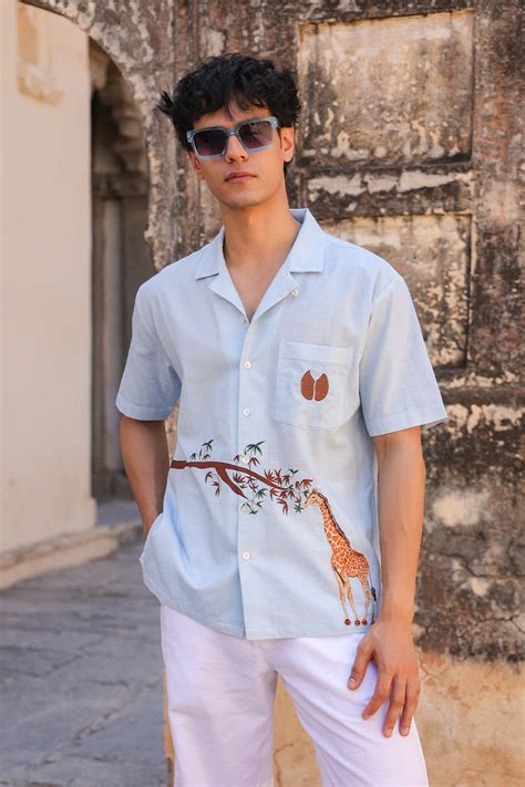 Light Blue Embroidered Cuban Collar Shirt Giraffe – rawandrustic
