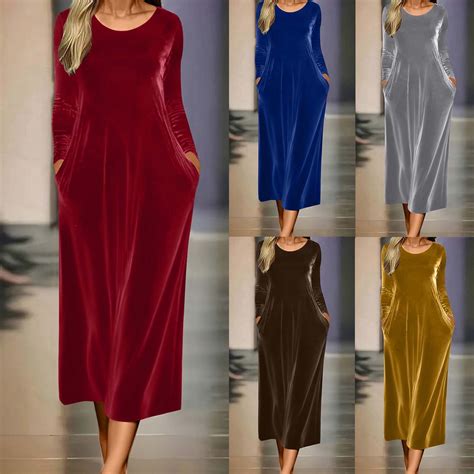 Feancey Women's Velvet Dress Elegant Long Sleeve Crewneck Maxi Dresses ...