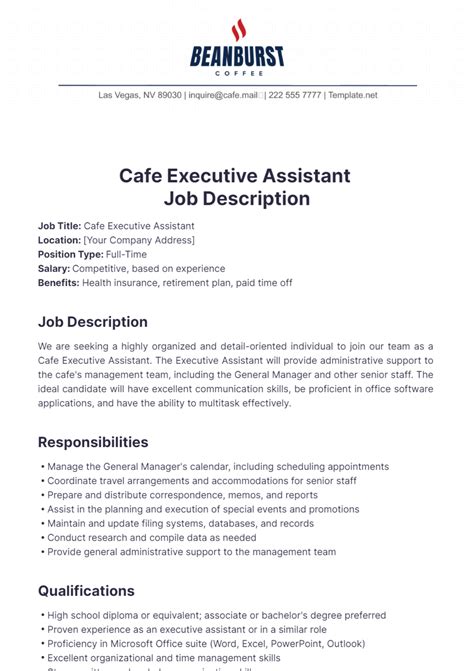 Free Cafe Executive Assistant Job Description Template to Edit Online