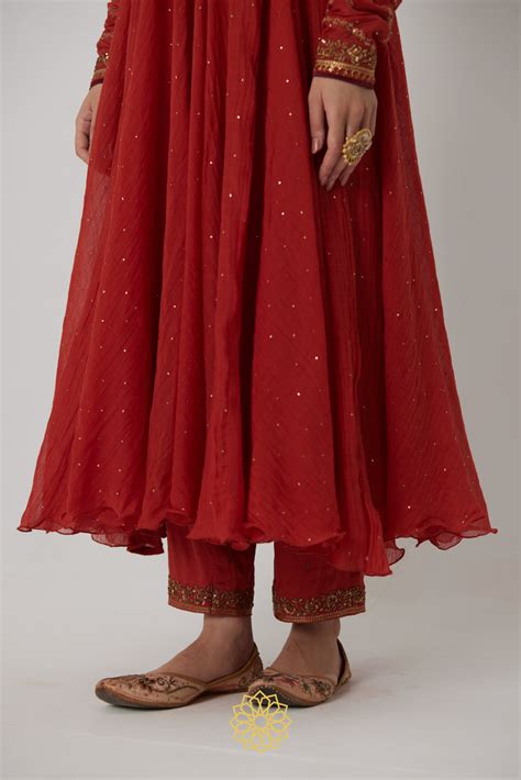 Mitali - A Reddish orange hand embroidered mukaish chanderi anarkali