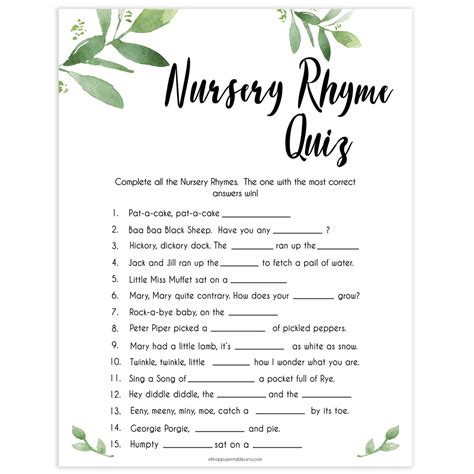 Free Printable Baby Shower Nursery Rhyme Games With Answer Key