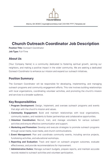 Free Church Outreach Coordinator Job Description Template to Edit Online