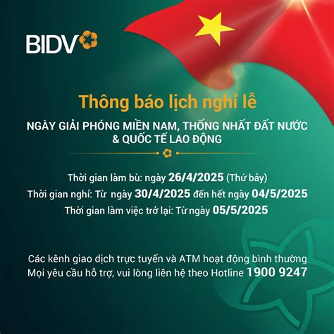 Lịch nghỉ lễ 30 4 và 1 5 2025 của Ngân hàng BIDV chính thức? Ngân hàng ...