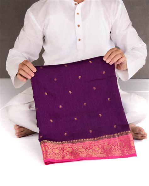 Purple Gold Zari Buti Cutwork Brocade Woven Muga Silk Banarasi Saree w