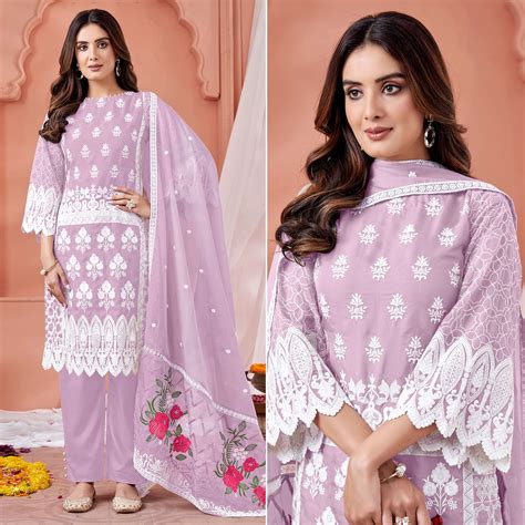 Mauve Floral Embroidered Organza Semi Stitched Suit