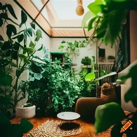 Boho living room with lush plants on Craiyon