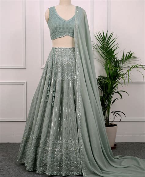 Jungle Mist Color Georgette Sequins Work Lehenga Choli – Zatki Ethnic