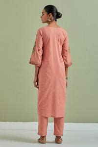 Buy Orange Cotton, Kota Doria Embroidery V-neck Floral Angrakha Pant ...