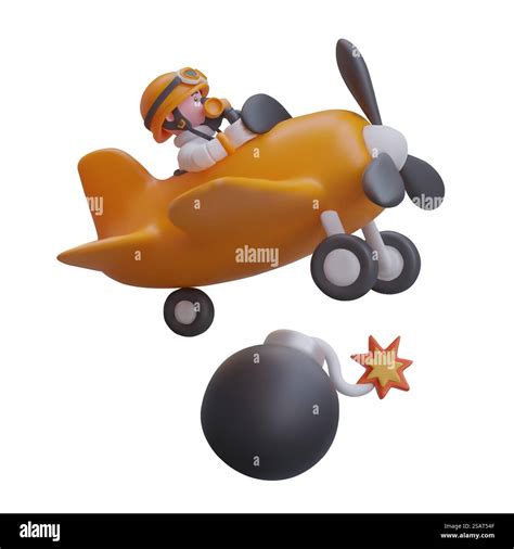 Air bombing game concept. Funny vintage airplane with pilot dropping black round bomb. Air ...