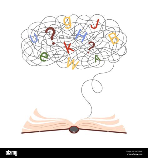 Dyslexia, school learning difficulty and disability. Open book with knot of thread and chaos of ...