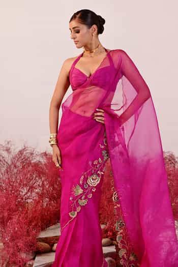 Buy Magenta Organza, Crepe Embroidery Halter Neck Dastaan Floral Saree ...