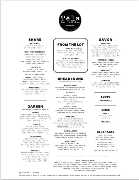 Menu at Tēla Bar + Kitchen, Cincinnati