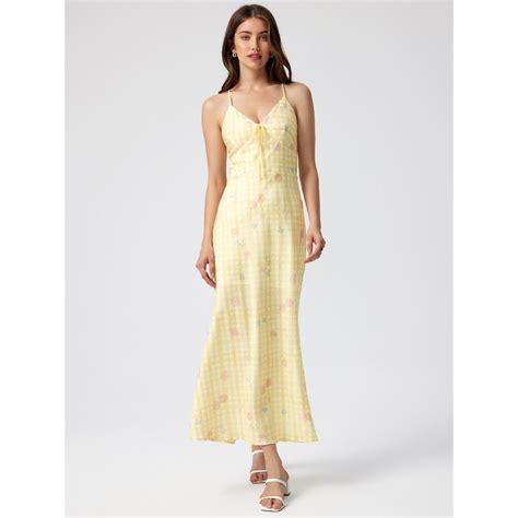 Buy Cider Floral Check V Neck Knotted Midi Dress Online