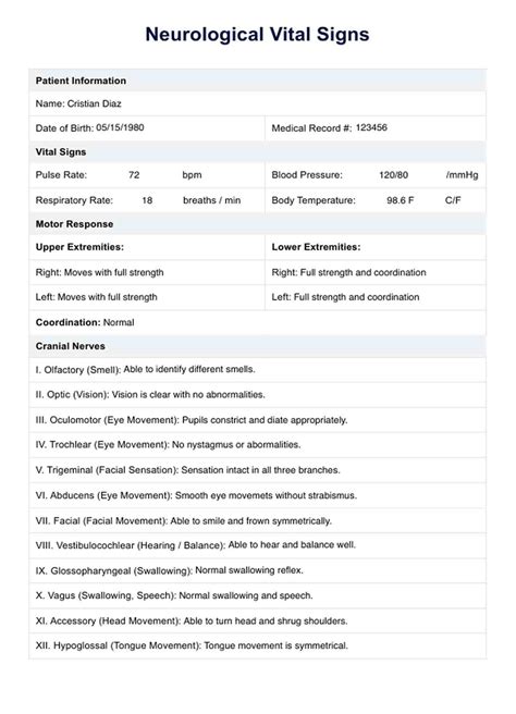 Neurological Vital Signs & Example | Free PDF Download