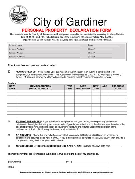 Fillable Online City of Gardiner Personal Property Declaration Form Fax ...