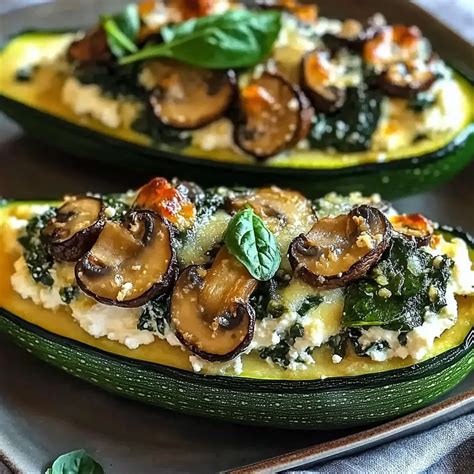Spinach, Mushroom, and Ricotta Stuffed Zucchini Boats | sublimecake