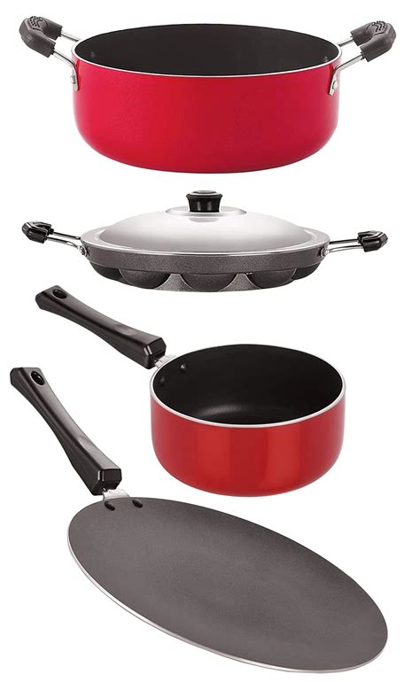 Buy Nirlon Non-Stick Aluminium Cookware 4 Pieces Set, Red & Black Color ...