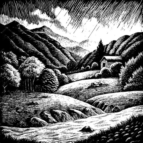 Un dibujo en blanco y negro de un paisaje de montaña con una casa en la ...