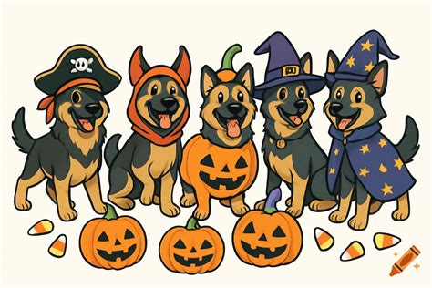 Five cartoon German Shepherds in Halloween costumes: pirate, hooded ...