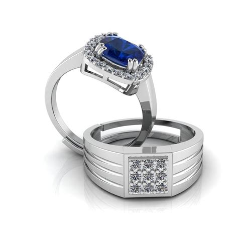Pure 925 Silver Special Cluster Blue Stone Sapphire Couples Ring ...
