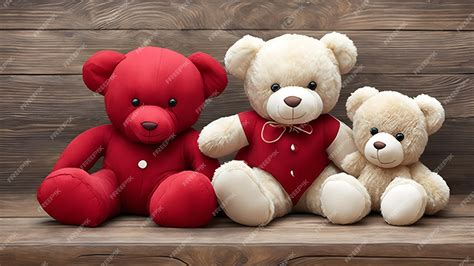Premium Photo | Three red teddy bears sit on a shelf, one of them has a ...