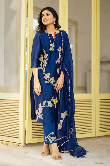 Buy Navy Silk, Cotton, Rayon, Chanderi Embroidery, Birds Kalamkari ...