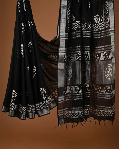 Hand Block Print Linen Saree with Blouse . – fab-persona