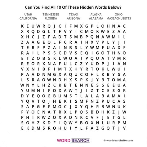 American States Word Search - Utah, Tennessee, Texas, Alaska, Ohio ...