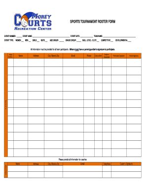 Fillable Online SPORTS TOURNAMENT ROSTER FORM - Morey Courts Fax Email ...