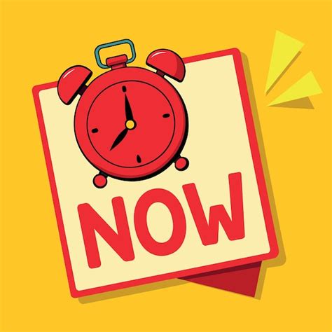 Sticky post with handwriting the word now with red alarm clock on solid ...
