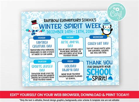 Snowman, Penguin, and Snowflakes: Winter Spirit Week Editable Itinerary ...