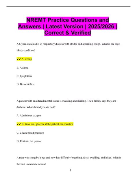NREMT Practice Questions and Answers | Latest Version | 2025/2026 ...