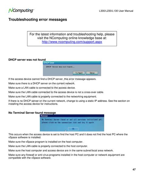 Troubleshooting error messages | NComputing L300, L230, L130
