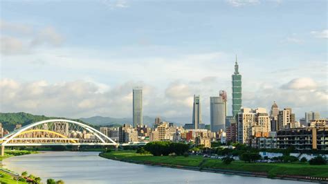 timelapse horizontal landscape view of the Taipei capital city of the Taiwan with highrise ...