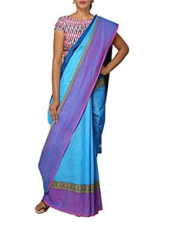 Buy UNNATI SILKS Women Blue Pure Handloom Chettinad Cotton Saree ...