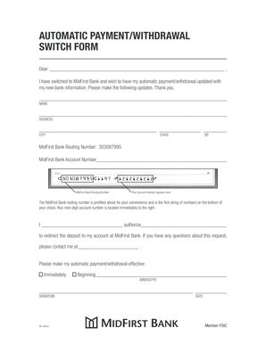 Fillable Online AUTOMATIC PAYMENTWITHDRAWAL SWITCH FORM Fax Email Print ...