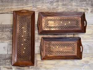 PALJJI HANDICRAFTS Wooden Serving Tray with Brass Work, Brown (Set of 3 ...