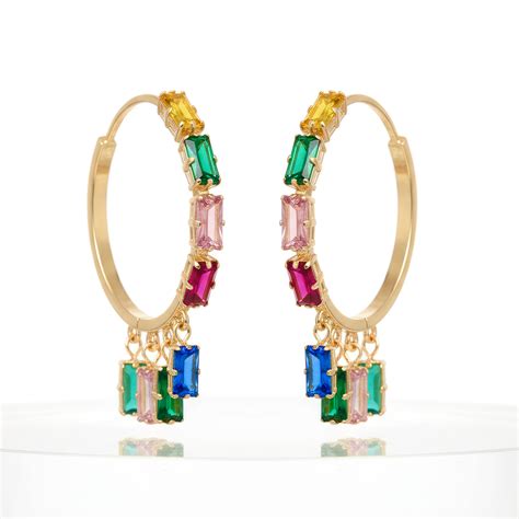 PRAO Earrings Waterproof Rectangle Multicoloured Crystal Charms Hoop