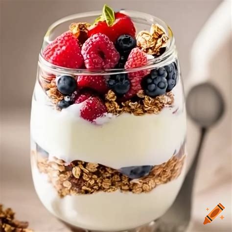 Delicious Greek yogurt parfait with berries and granola on Craiyon